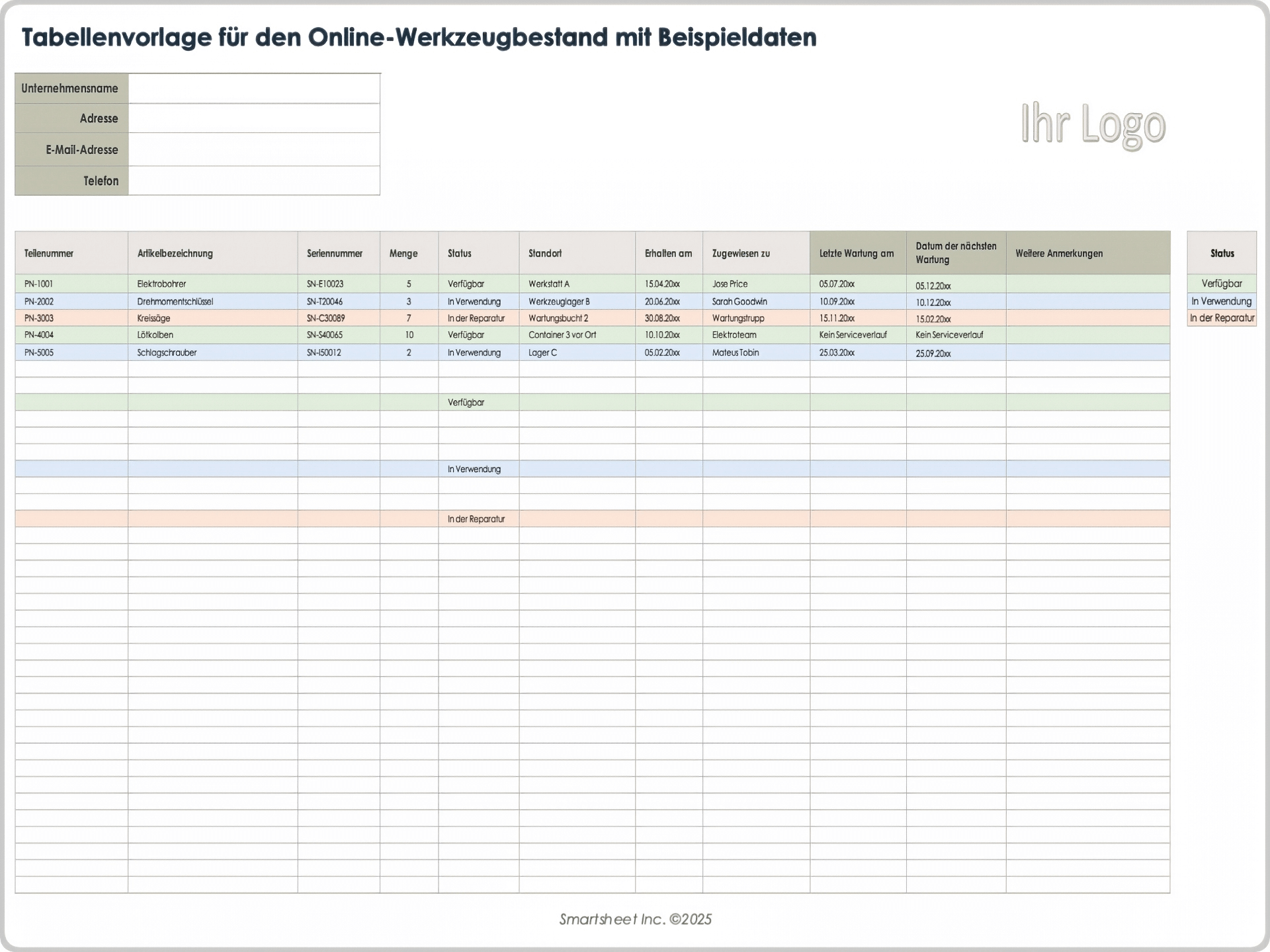 Tabellenvorlage für den Online-Werkzeugbestand mit Beispieldaten