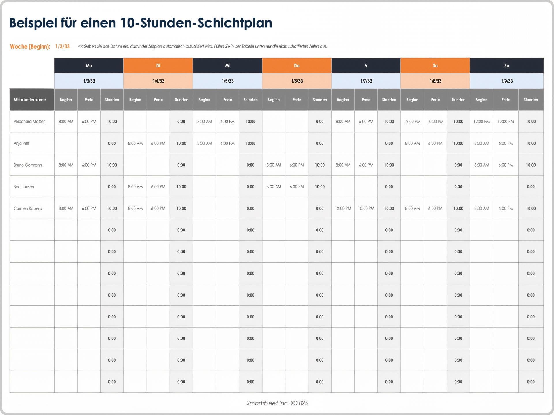 Vorlage für 10-Stunden-Schichtpläne