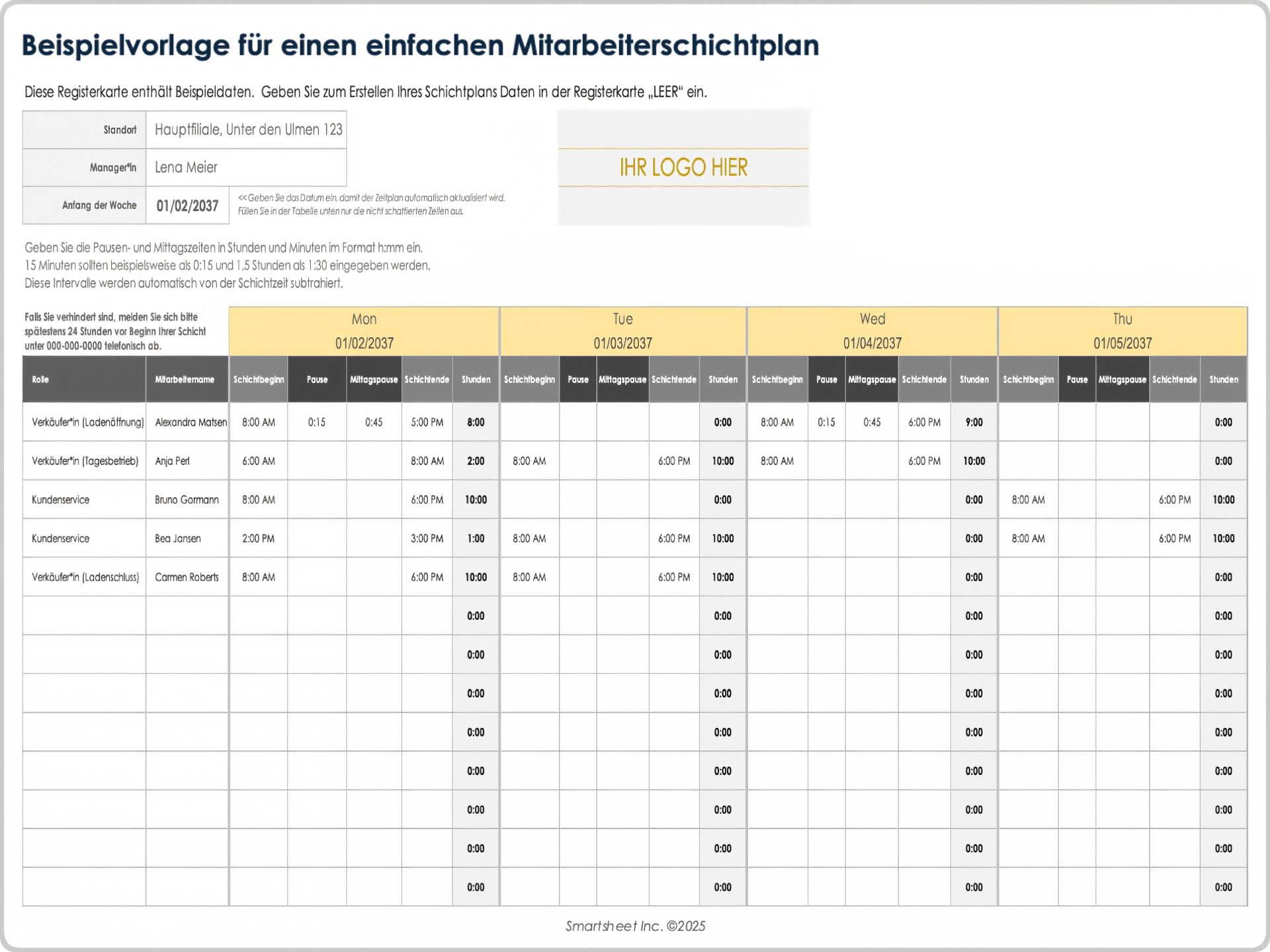 Vorlage für einfachen Mitarbeiterschichtplan