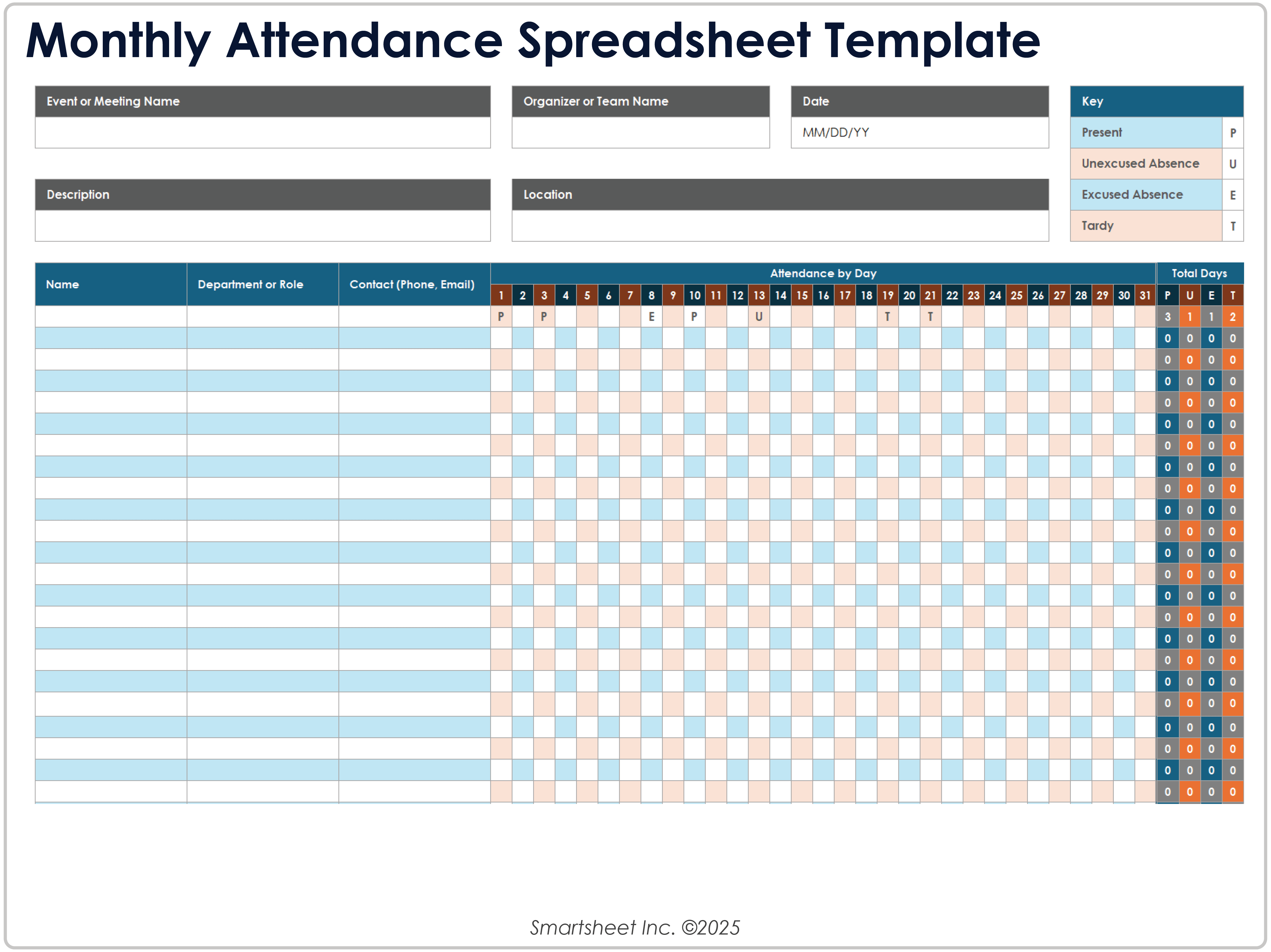 Monatliche Anwesenheits-Spreadsheet-Vorlage