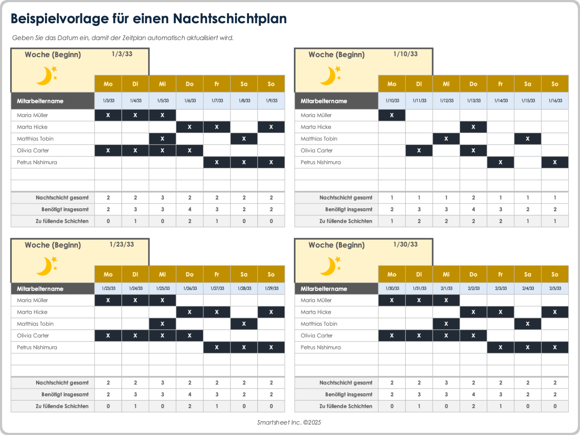Vorlage für Nachtschichtpläne