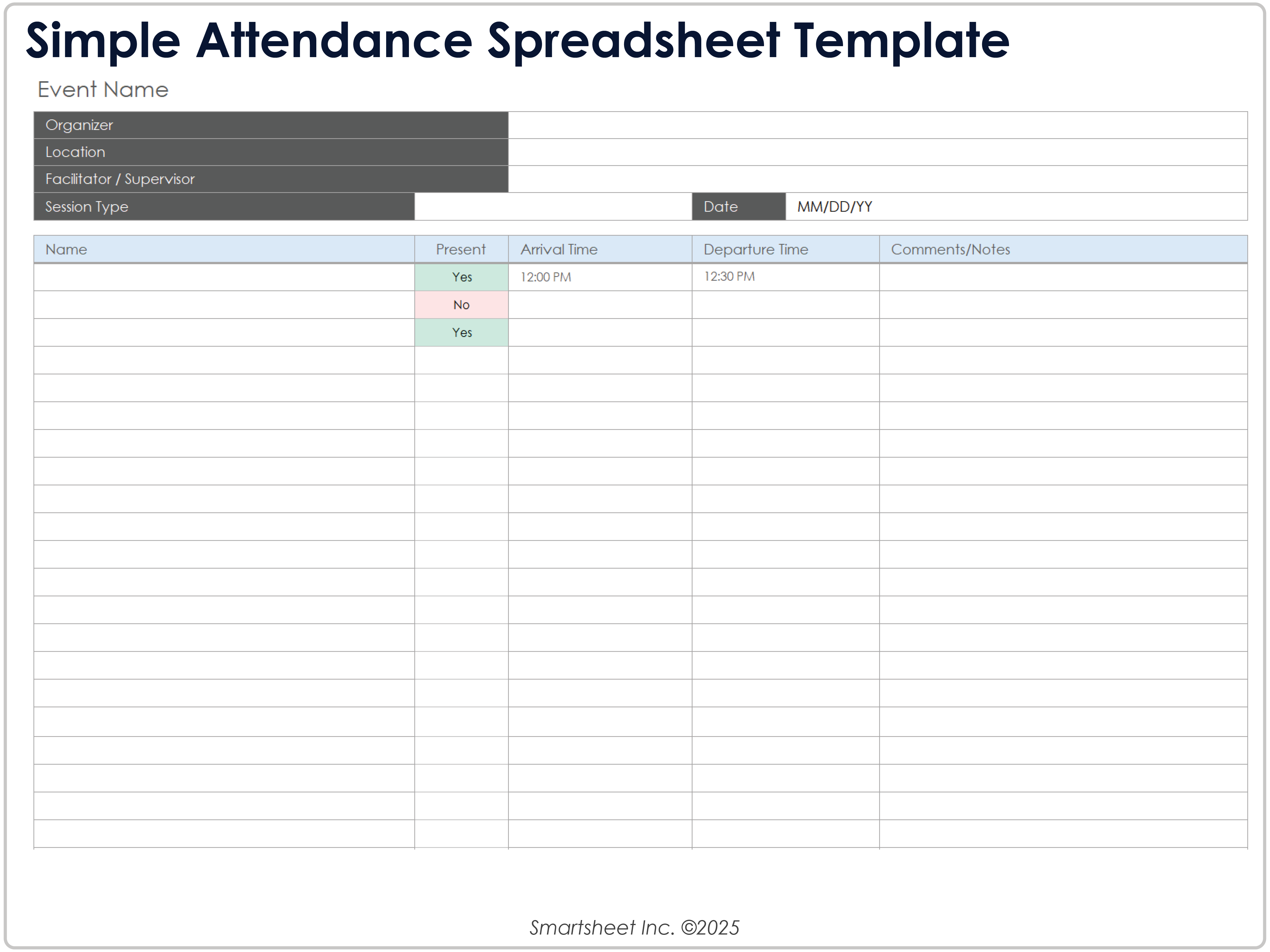 Einfache Teilnahme-Spreadsheet-Vorlage