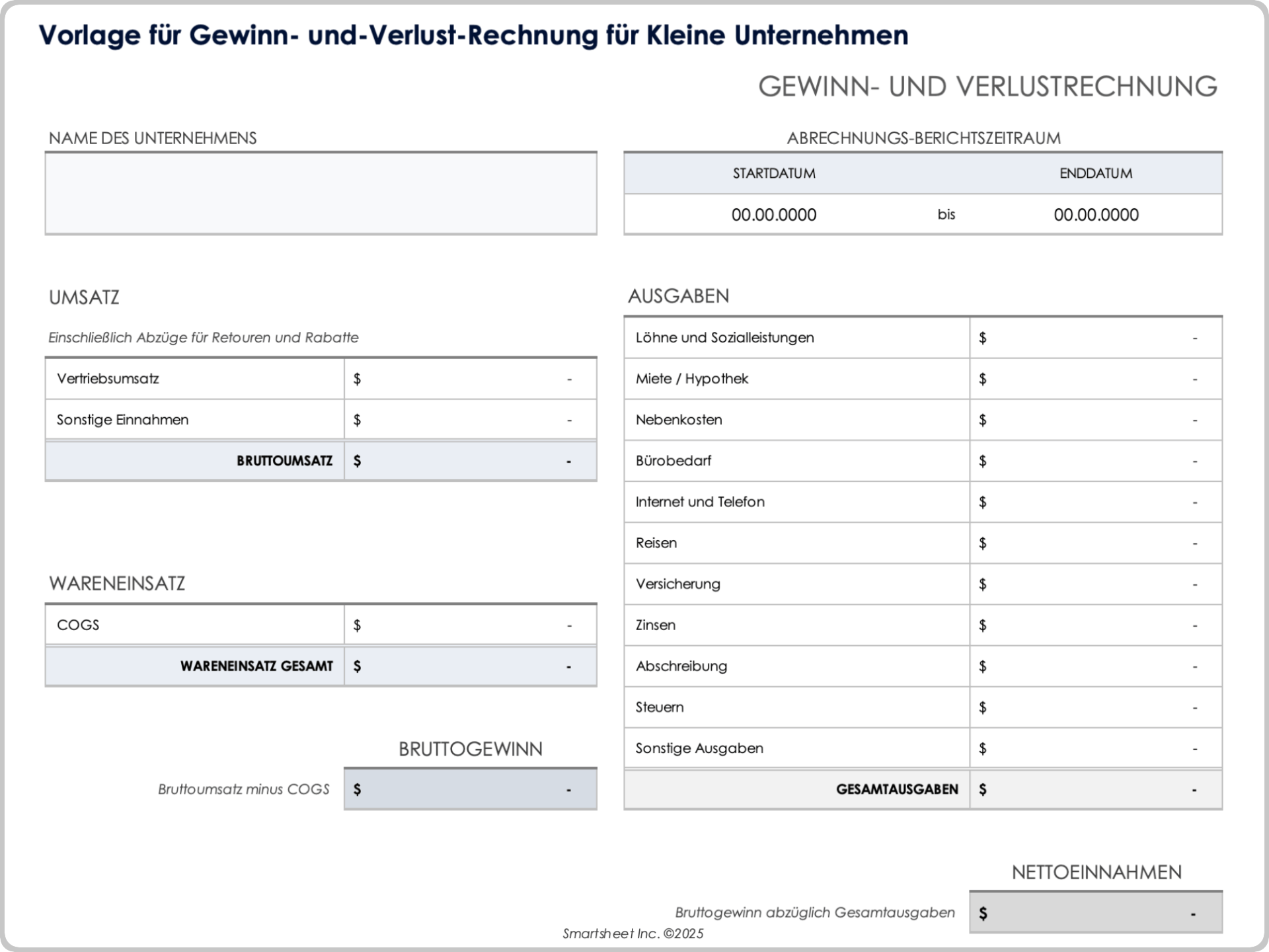 Vorlage für Gewinn- und Verlustrechnung für Kleinunternehmen