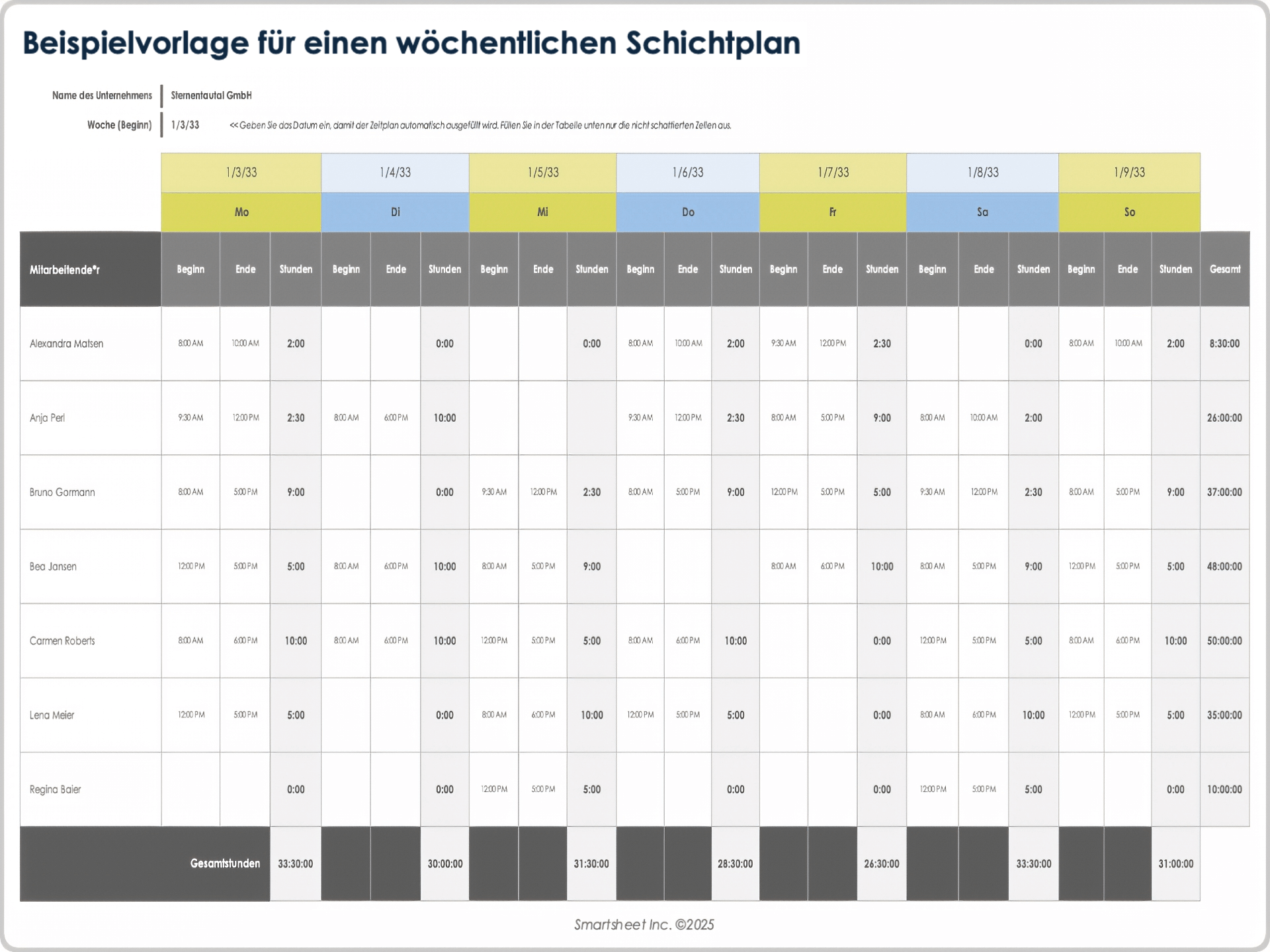 Vorlage für einen wöchentlichen Schichtplan
