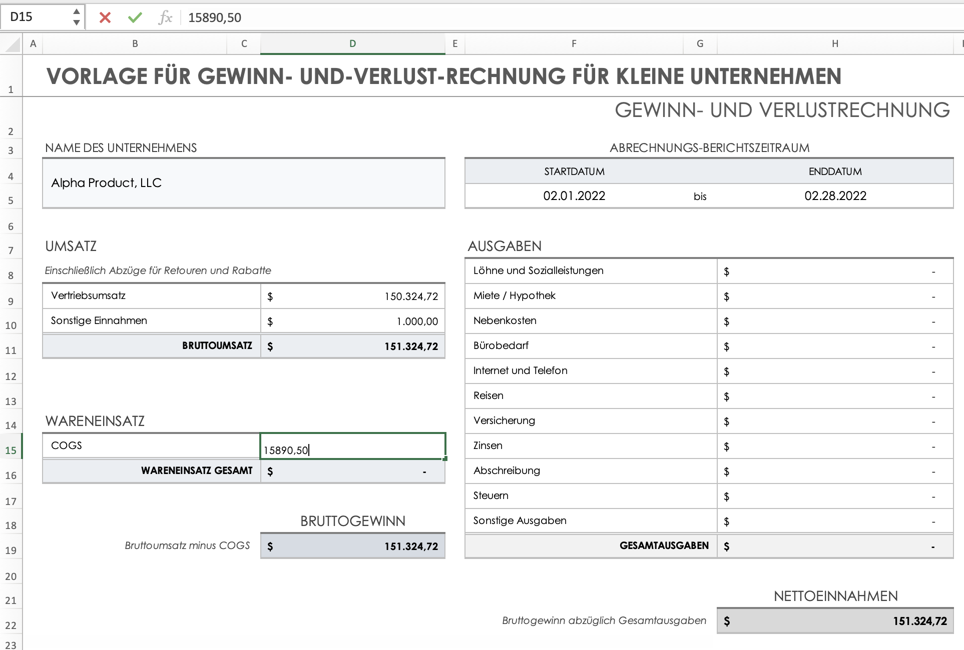 Kosten der verkauften Waren eingeben