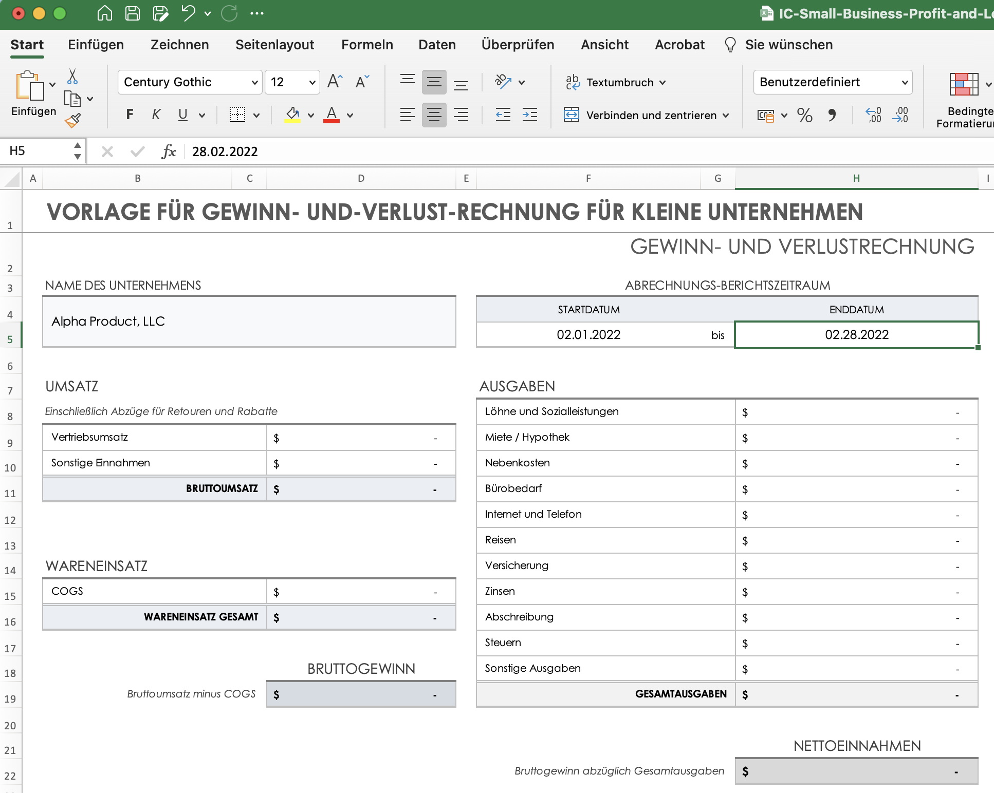 Berichtsdaten in Excel eingeben