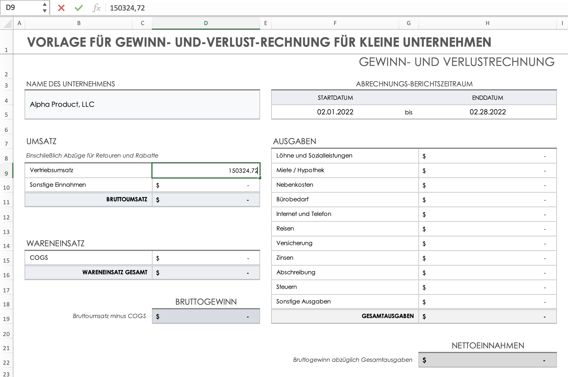 Verkaufserlöse in Excel eingeben