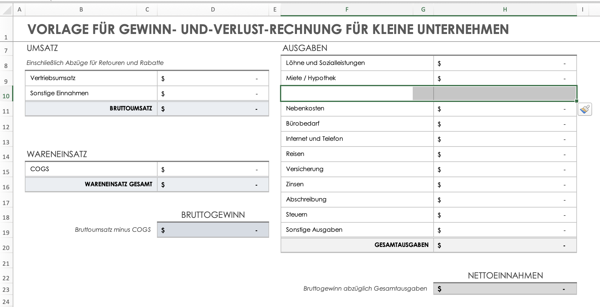 Ausgaben – neu hinzugefügte Zeile