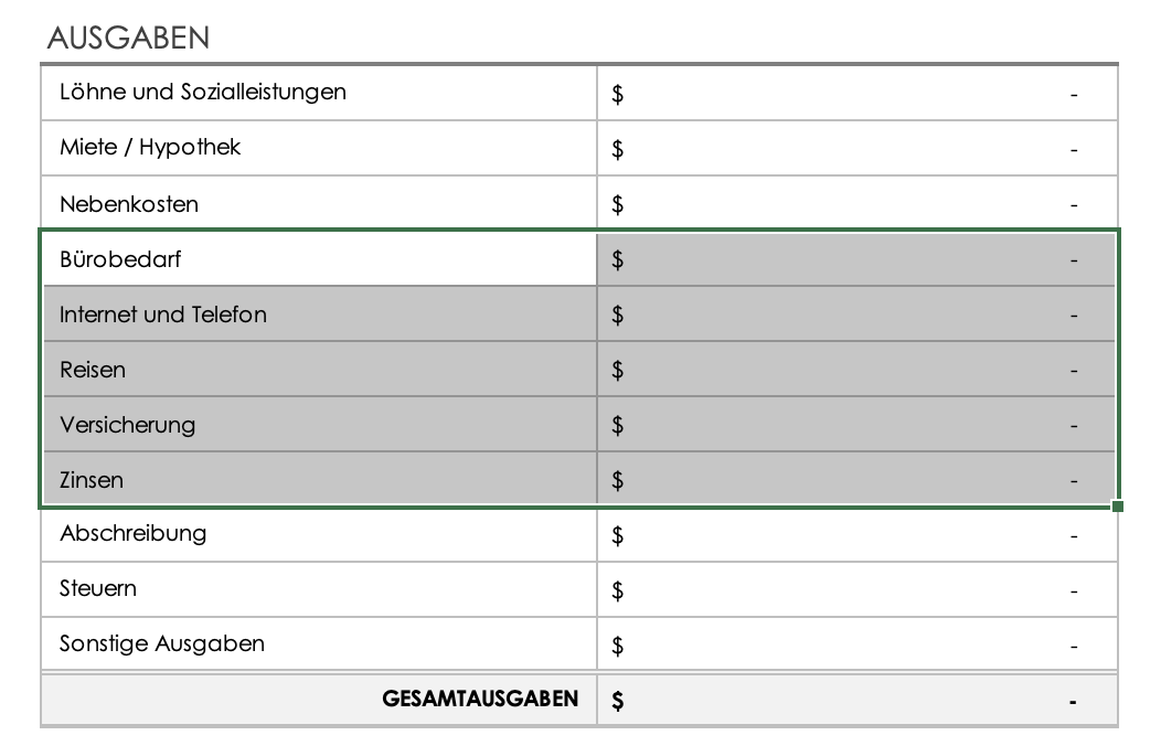 Ausgaben – markierte Zellen löschen