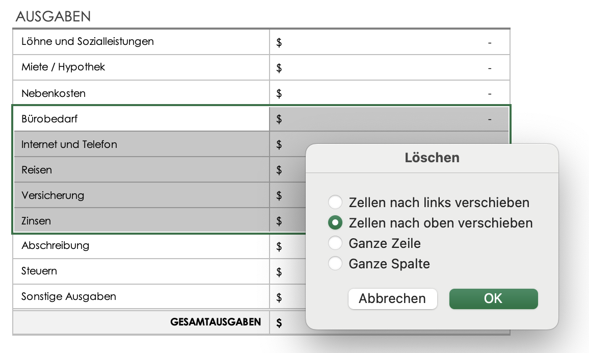 Ausgaben – Zellen nach oben verschieben