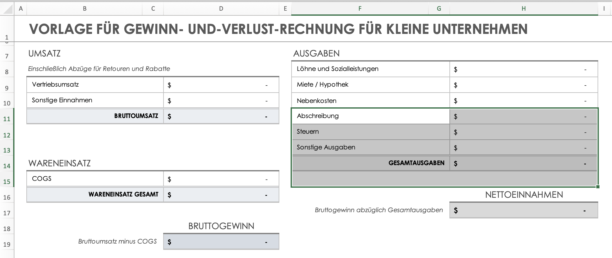 Ausgaben – gelöschte Zellen werden nach oben verschoben