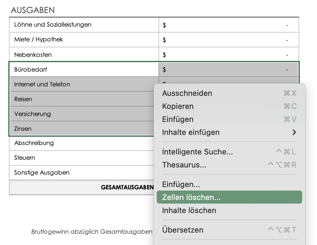 Ausgaben – Dropdown-Menü zum Löschen der Zeile