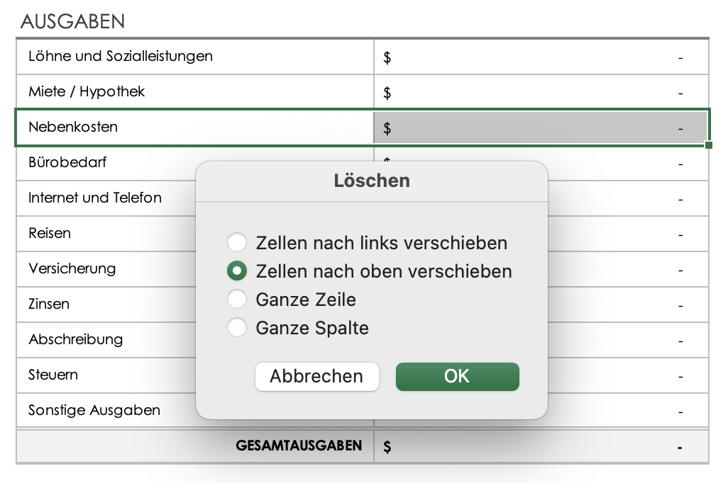 Ausgaben – Zellen nach unten verschieben