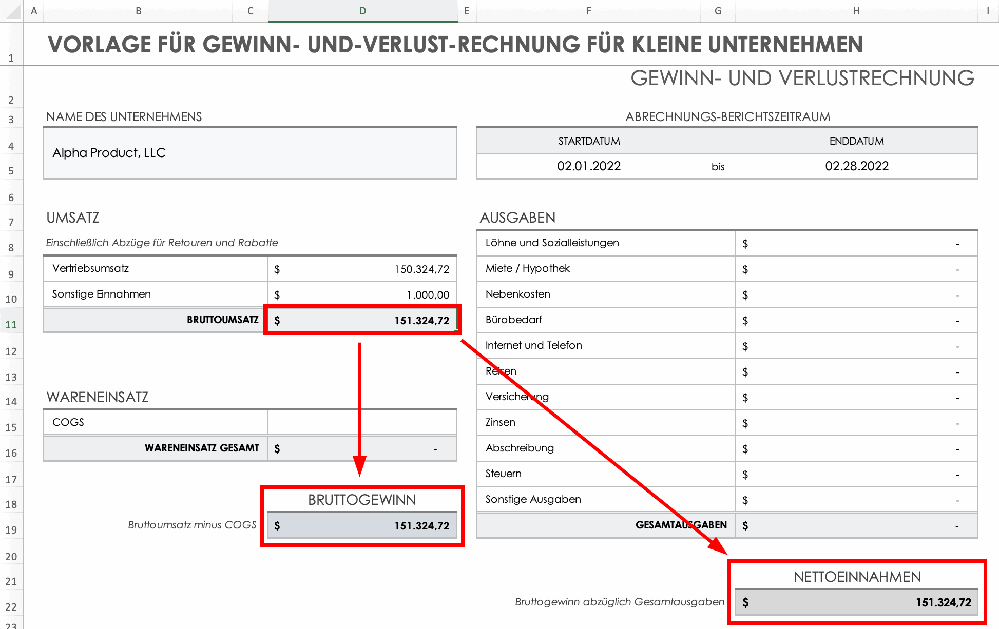Berechnung des Bruttoumsatzes in Summenzellen
