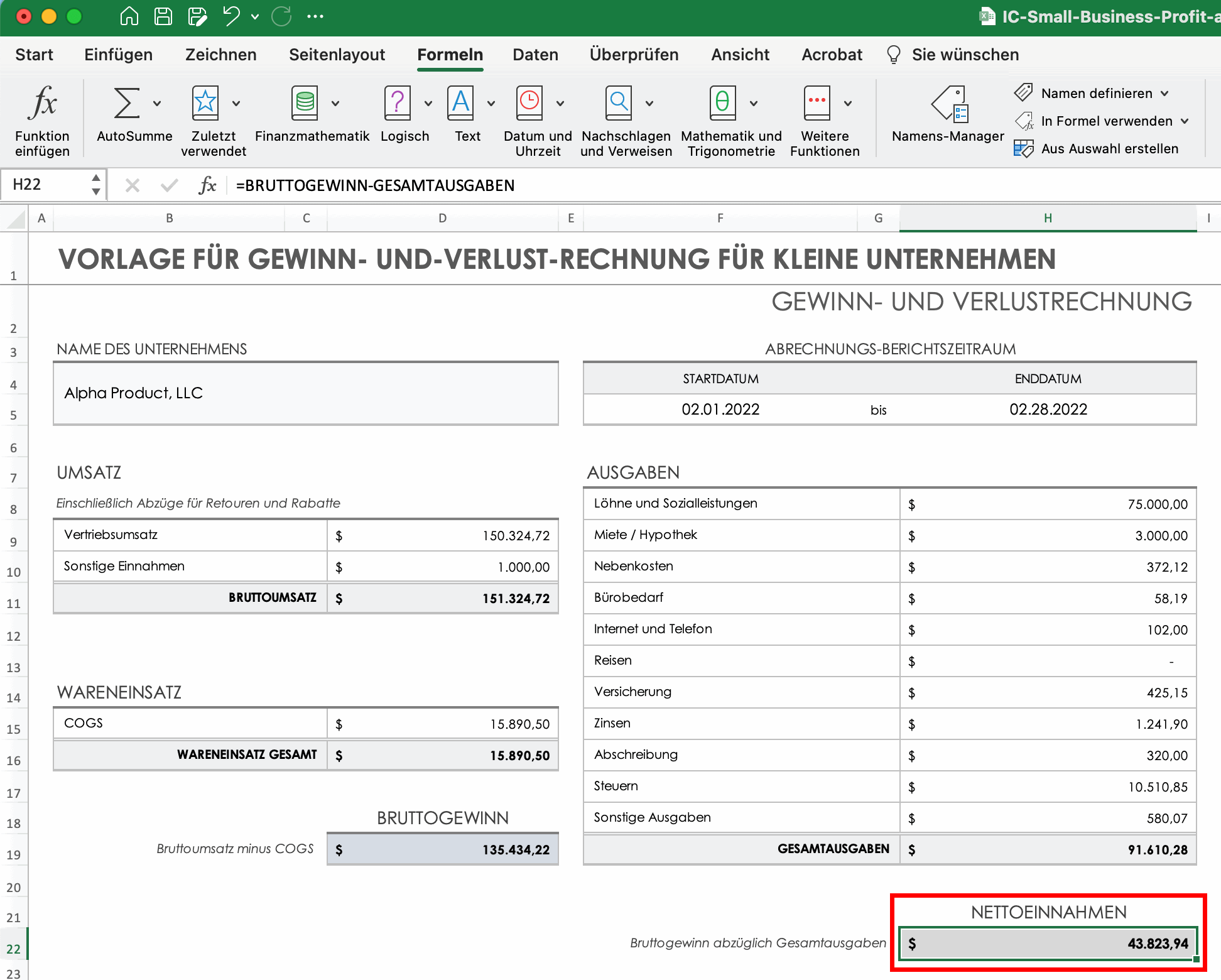 Nettoeinnahmen – Gewinn- und Verlustrechnung
