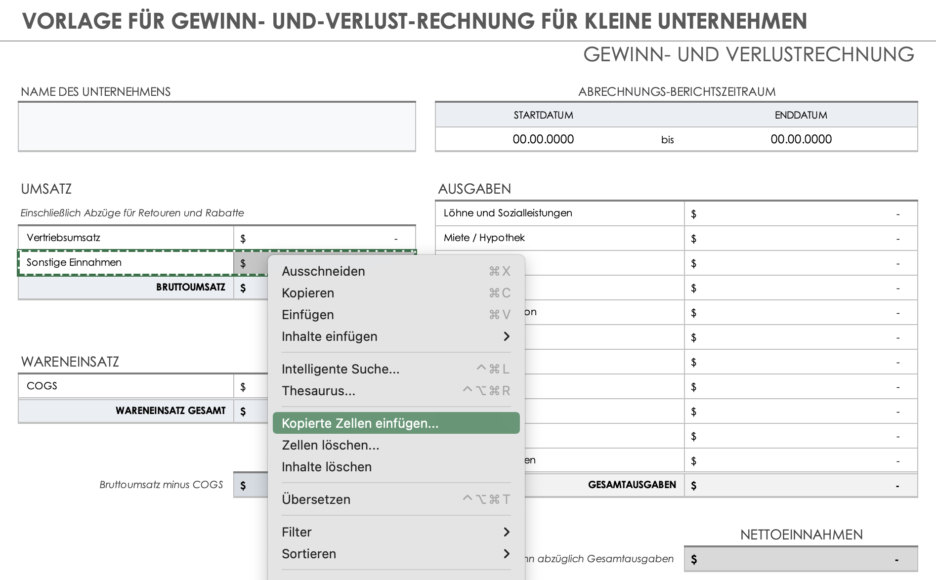 Umsatz – kopierte Zellen einfügen