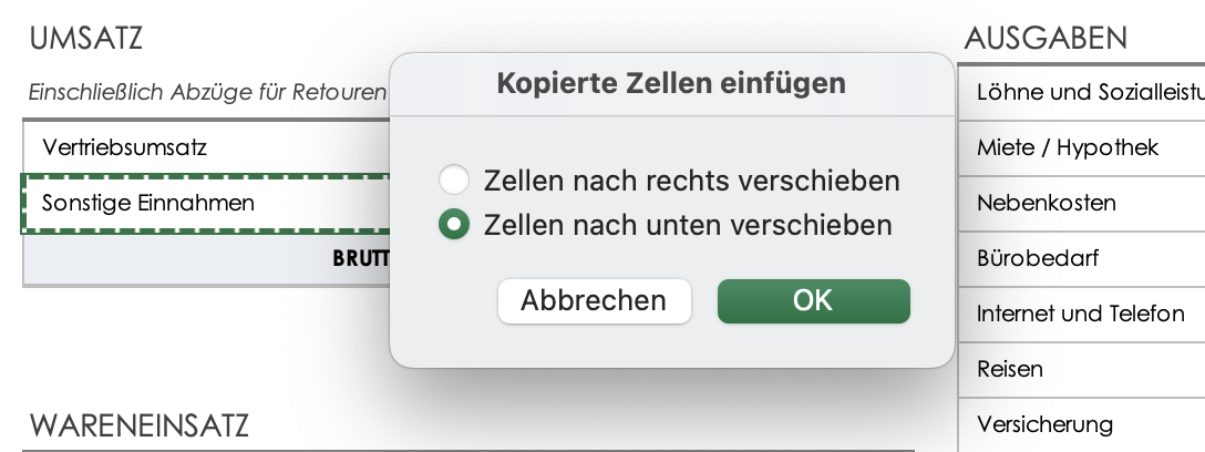 Umsatz – Zellen nach unten verschieben