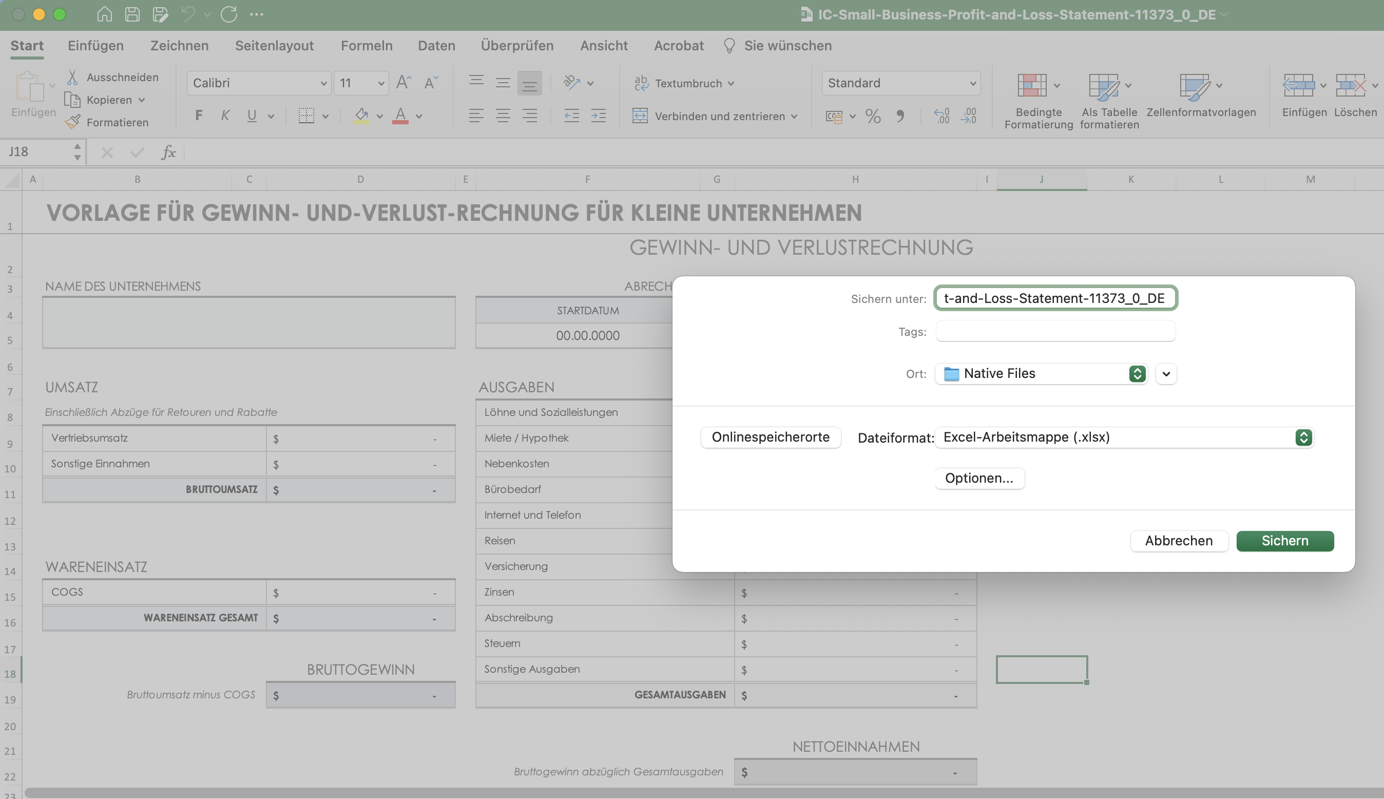 Excel-Datei für Gewinne und Verluste speichern