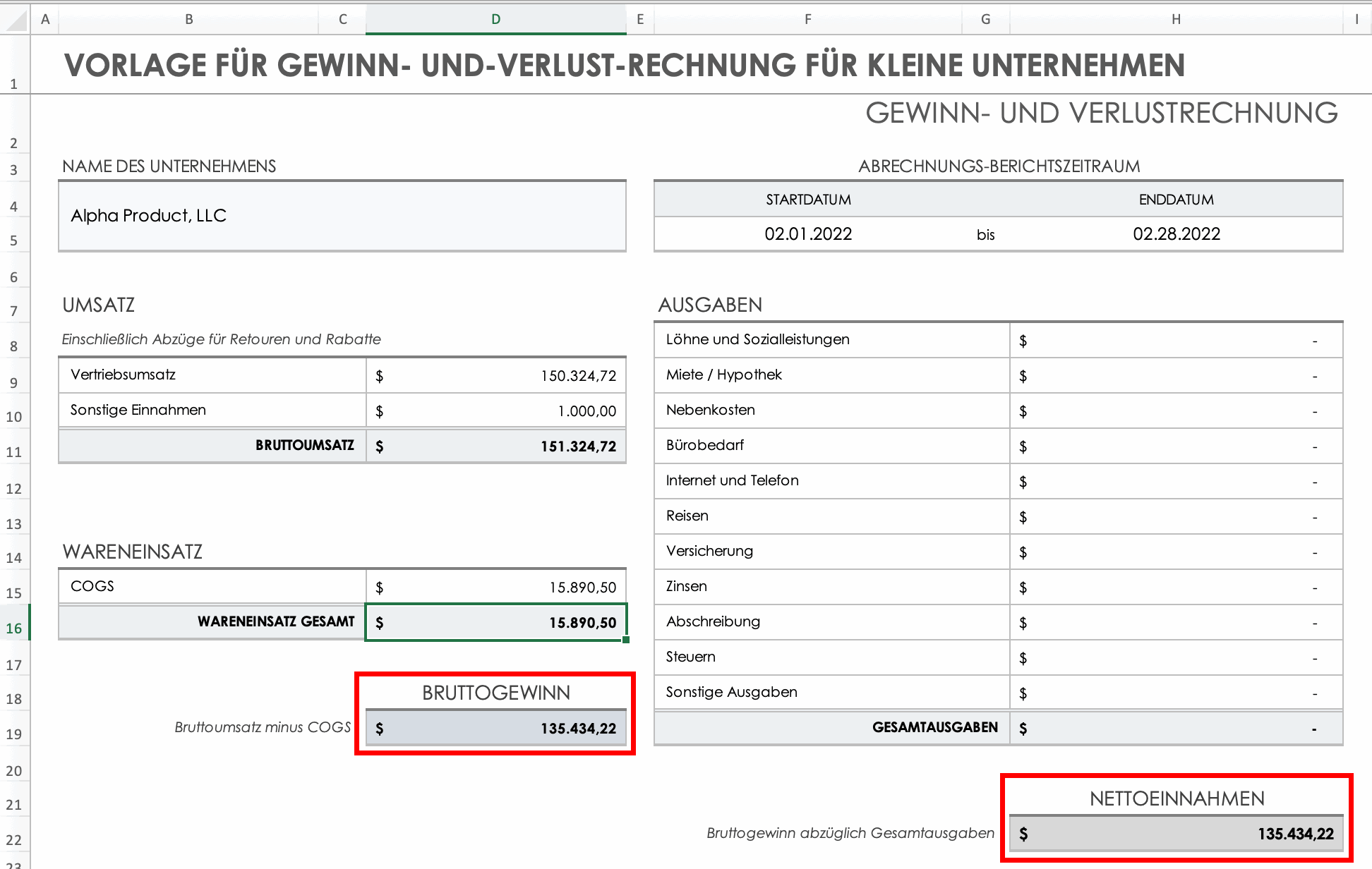 Gesamtbruttogewinn entspricht Umsatz minus Kosten der verkauften Waren
