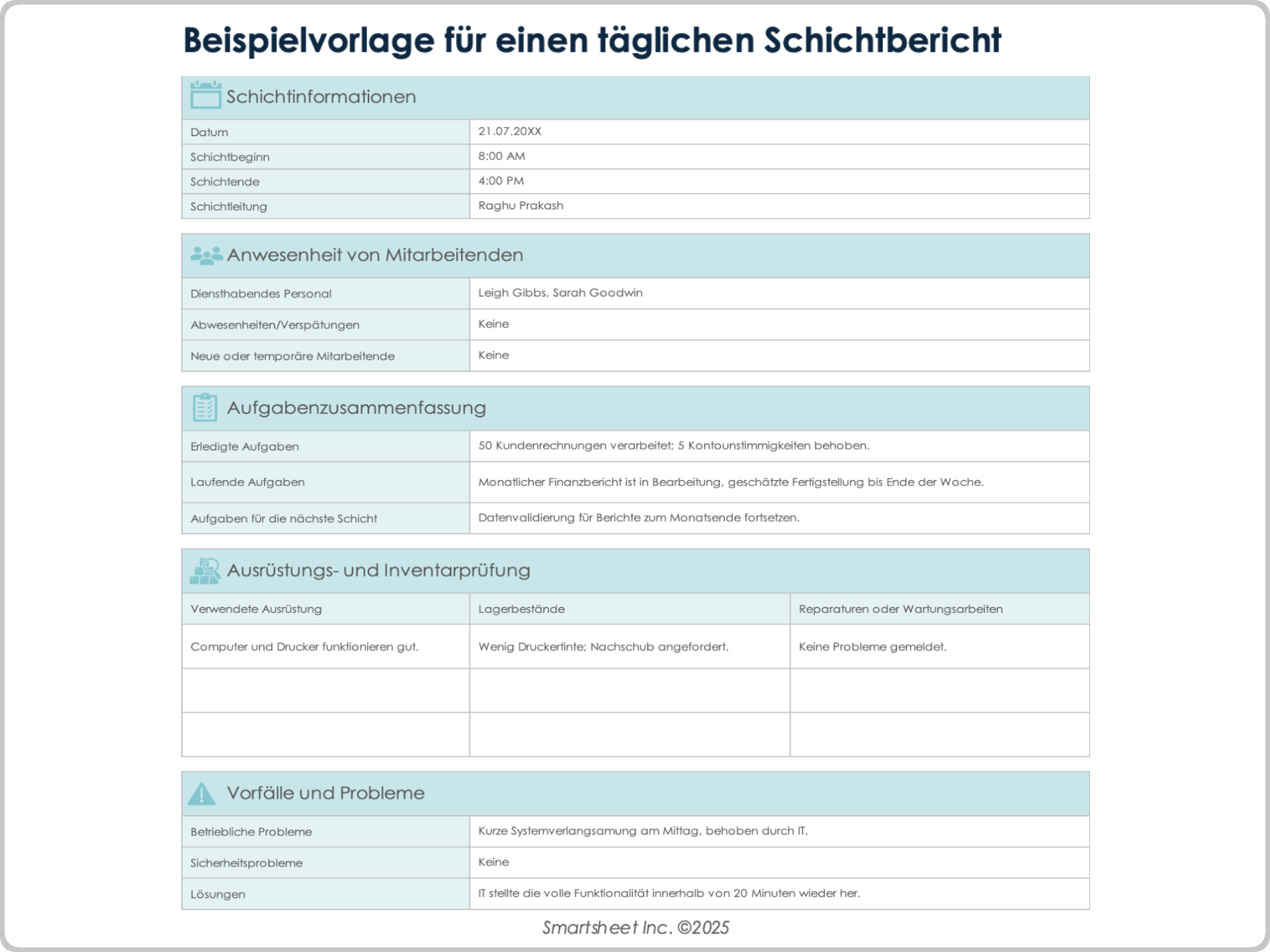 Vorlage für einen täglichen Schichtbericht