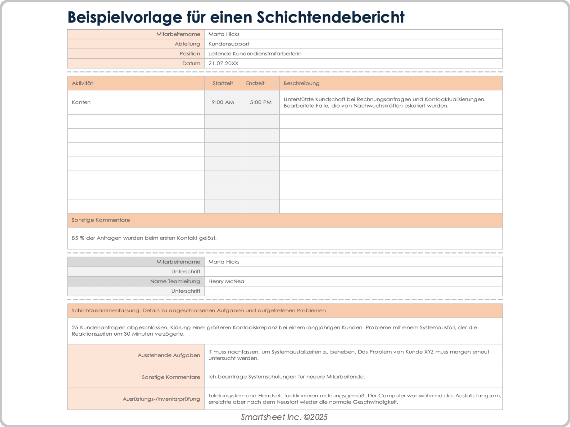 Vorlage für einen Schichtendebericht