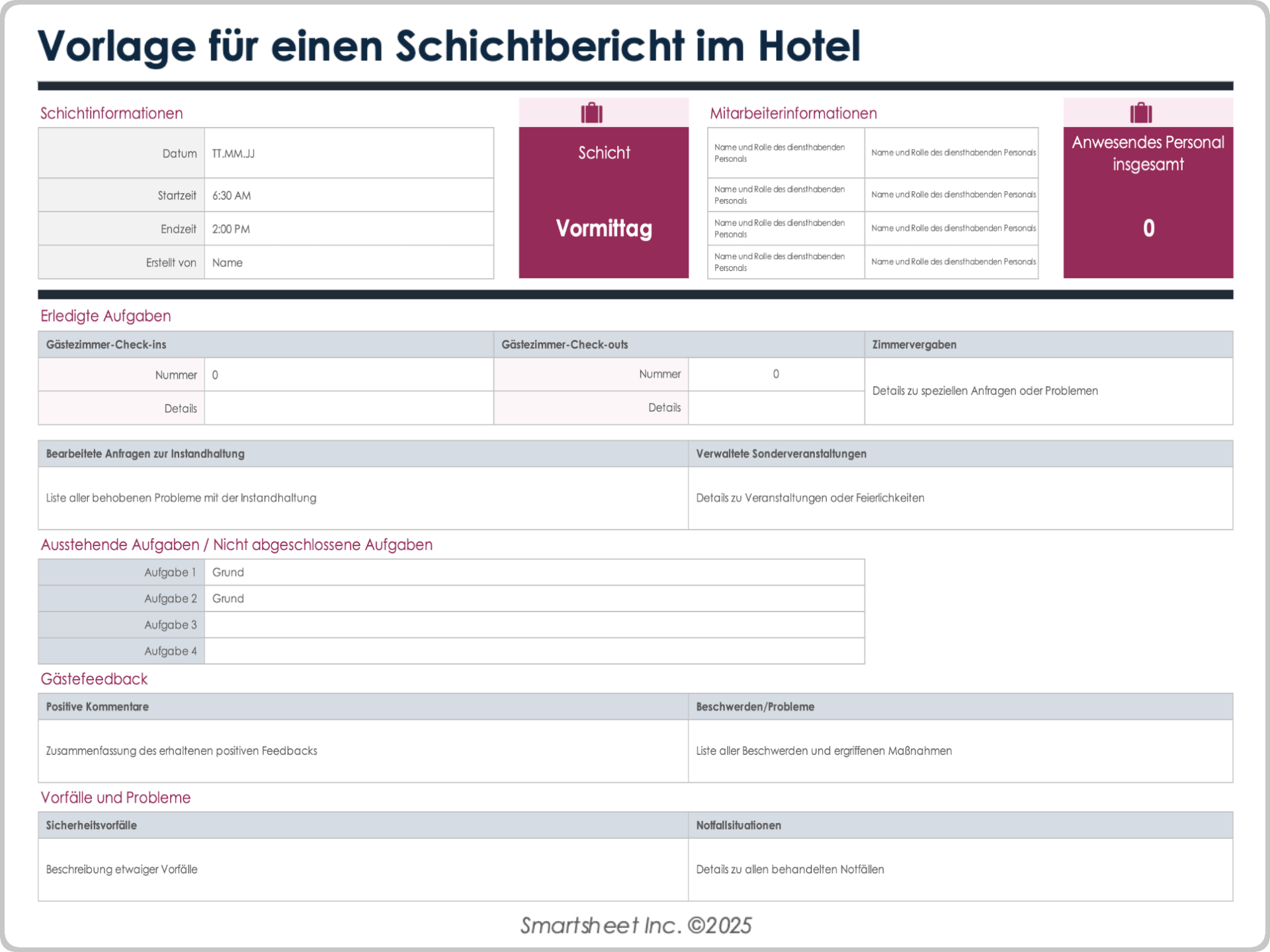 Vorlage für einen Schichtbericht im Hotel