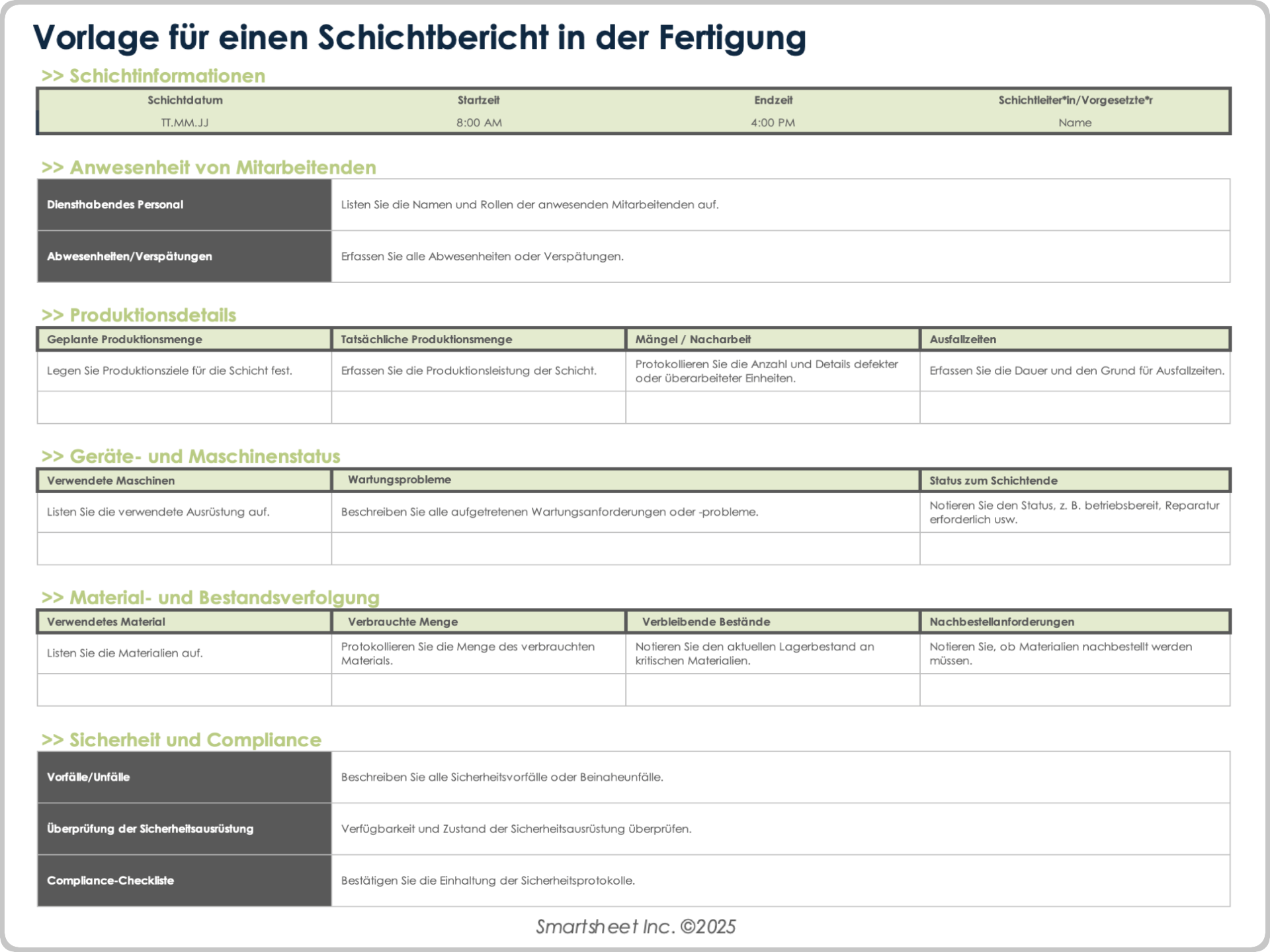 Vorlage für einen Schichtbericht in der Fertigung