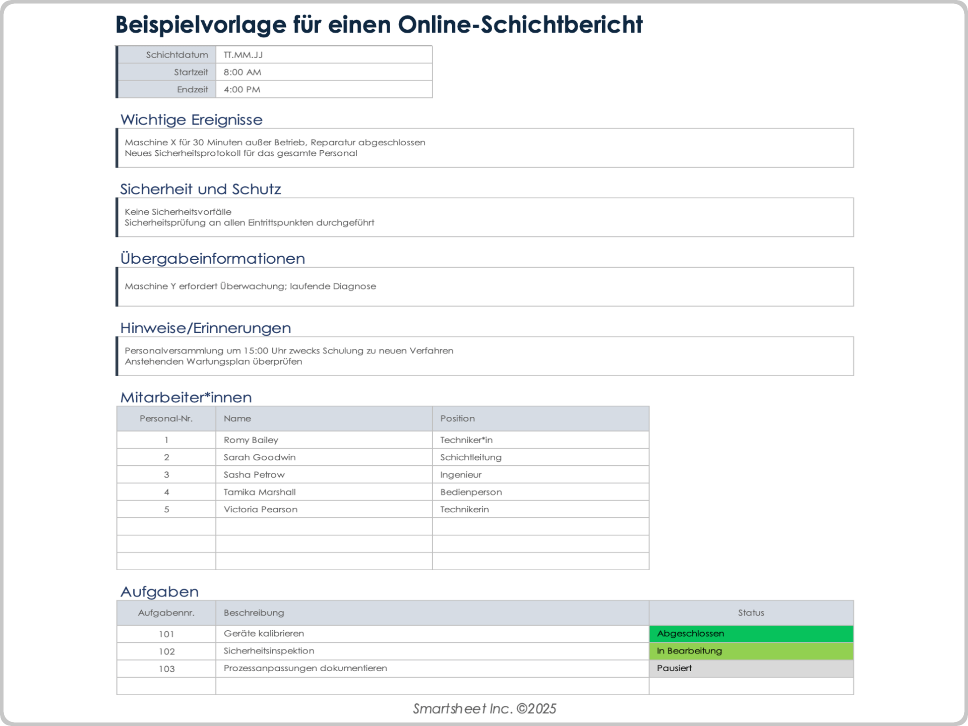Vorlage für einen Online-Schichtbericht