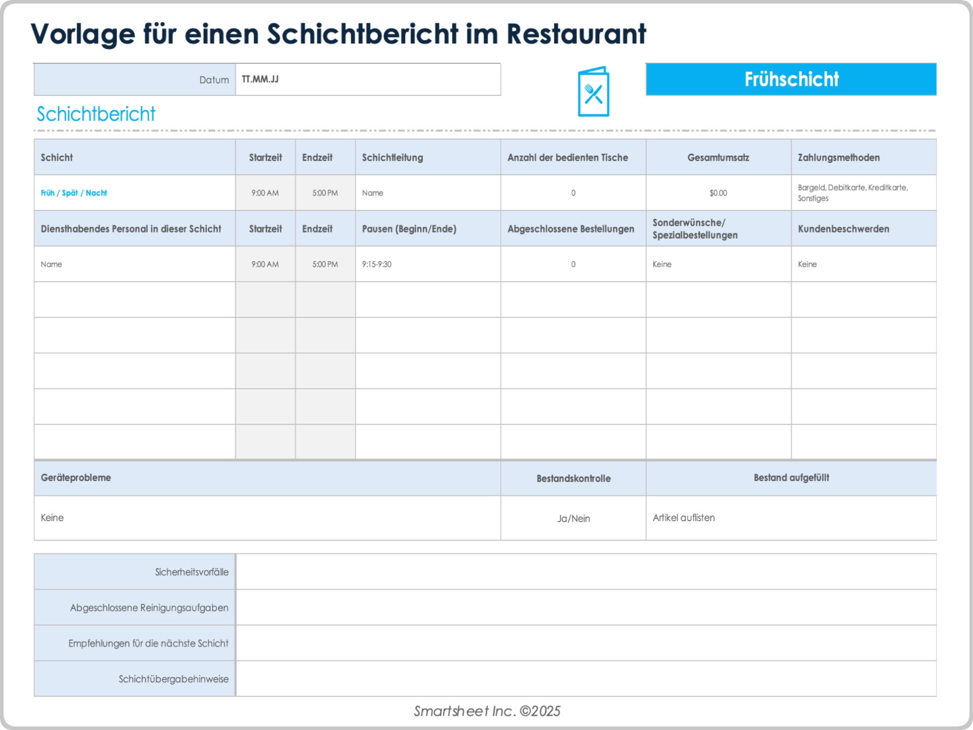 Vorlage für einen Schichtbericht im Restaurant