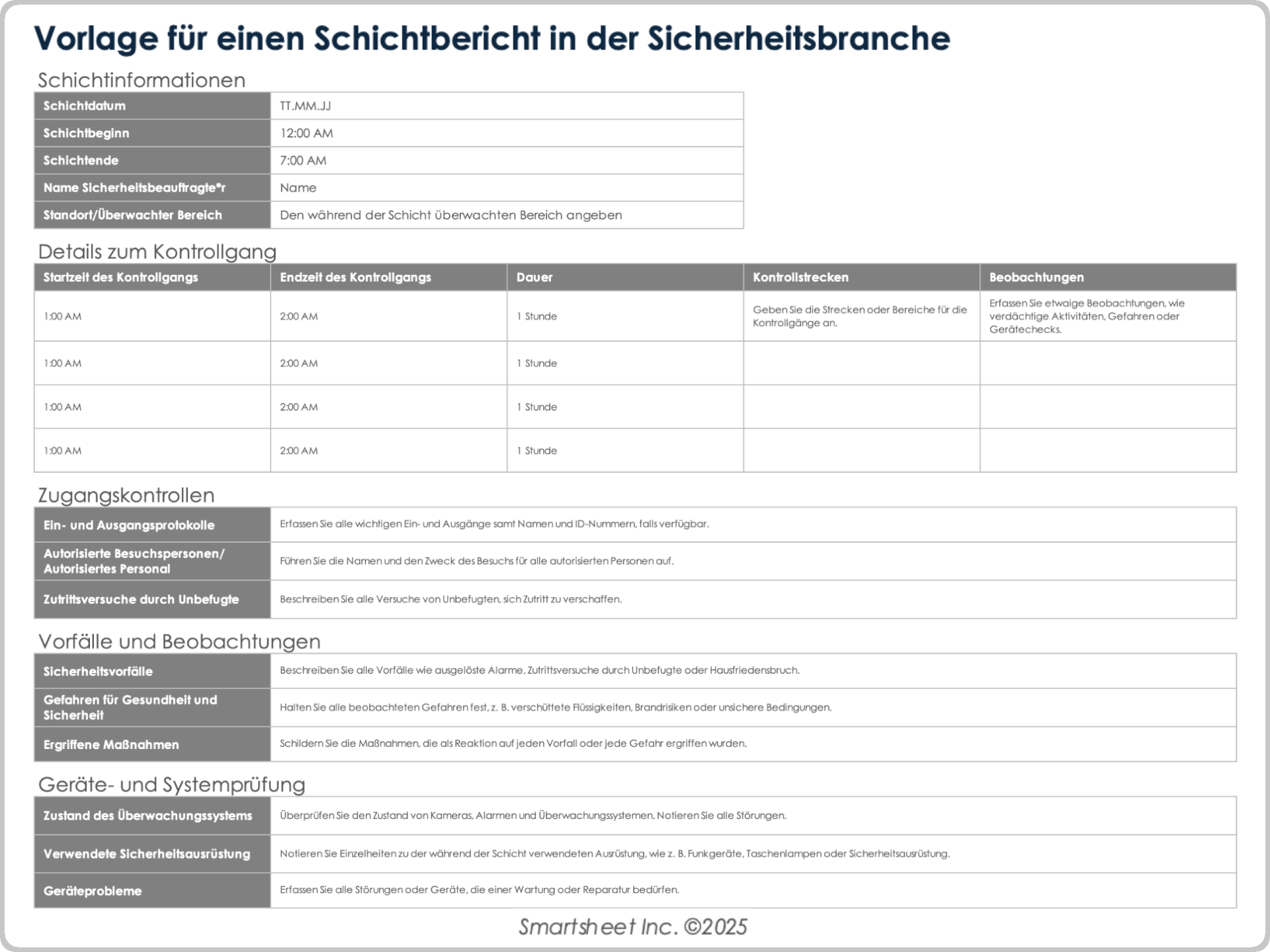 Vorlage für einen Schichtbericht in der Sicherheitsbranche