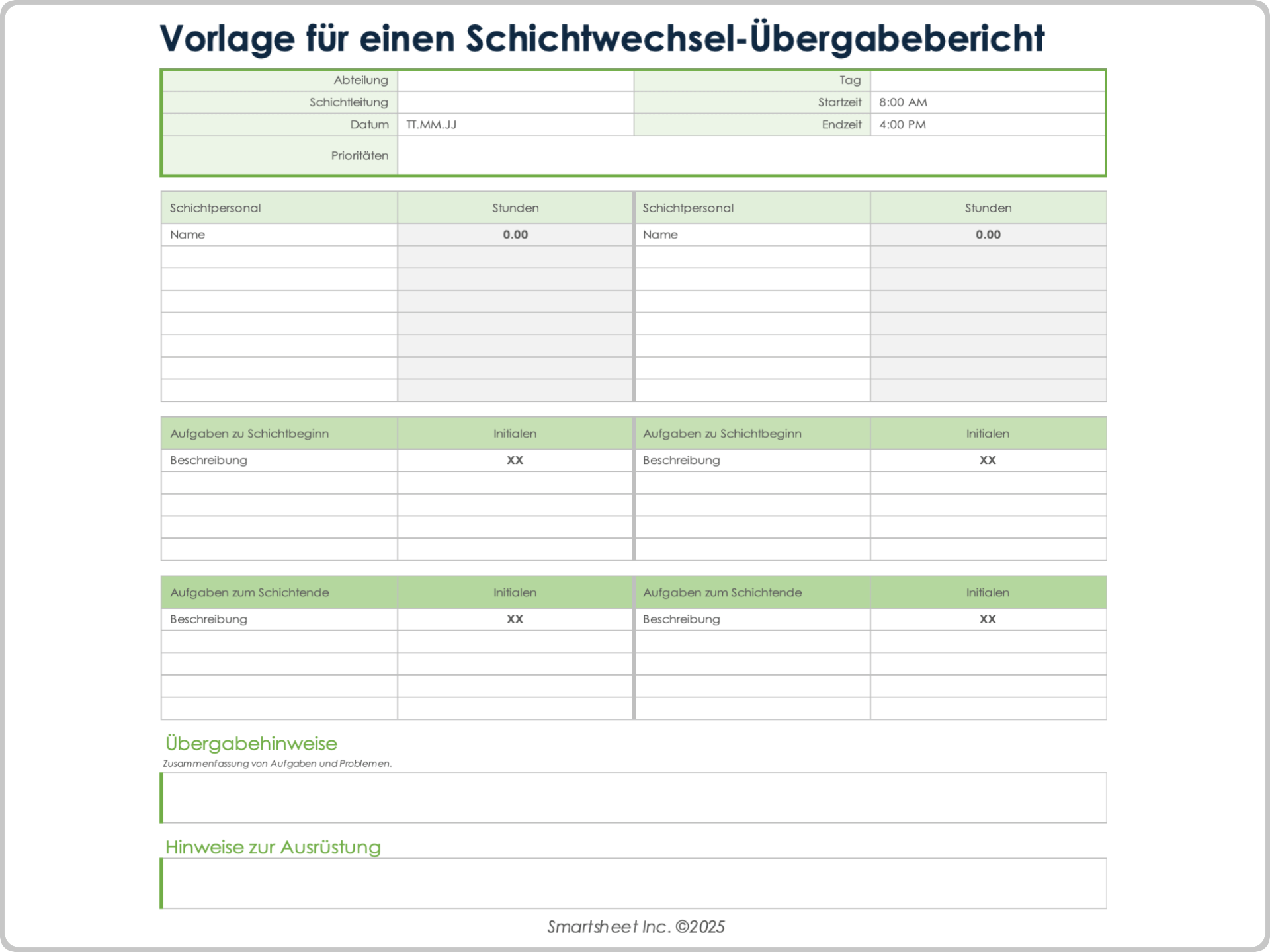 Vorlage für einen Schichtwechsel-Übergabebericht