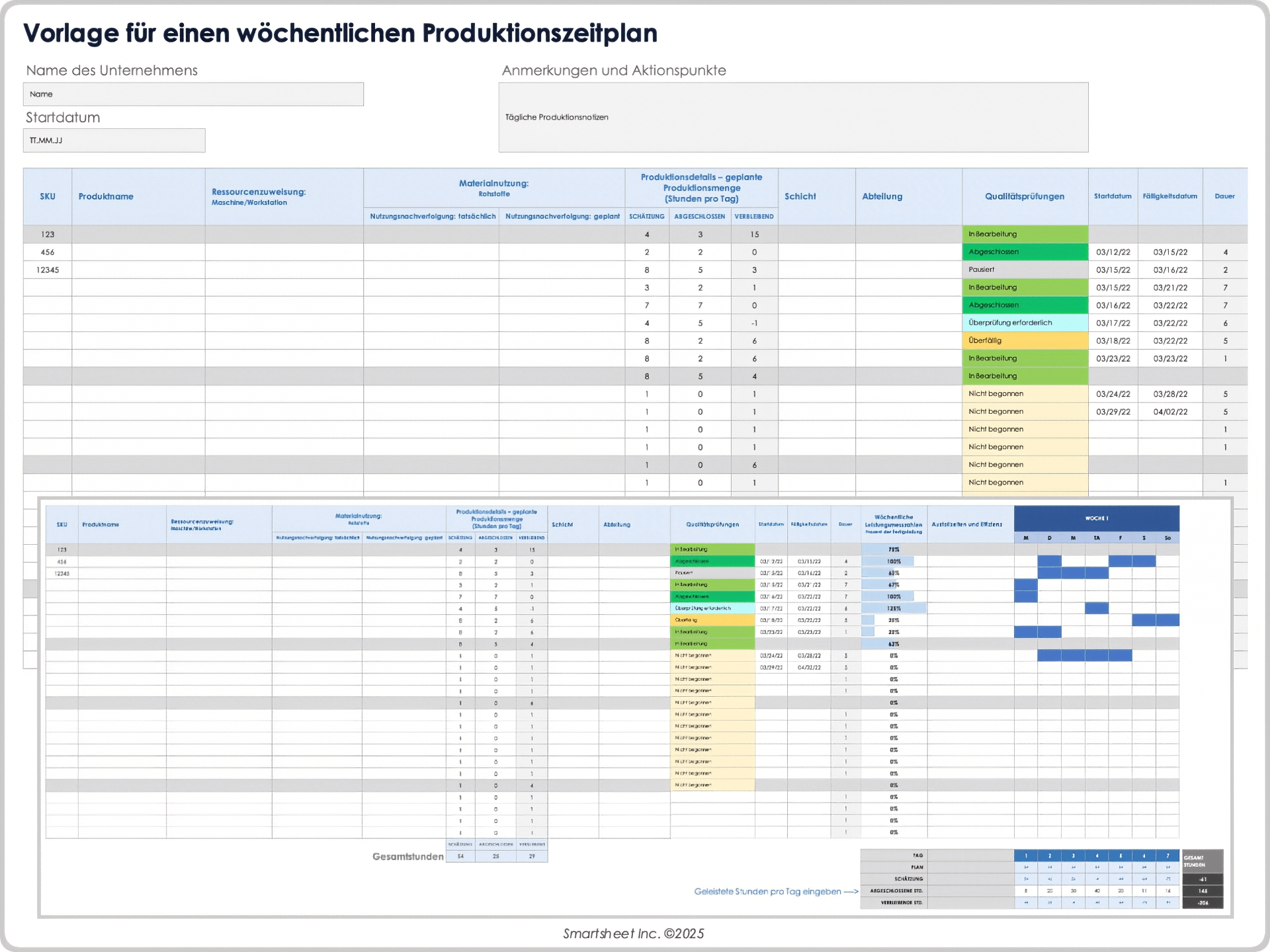 Vorlage für einen wöchentlichen Produktionszeitplan