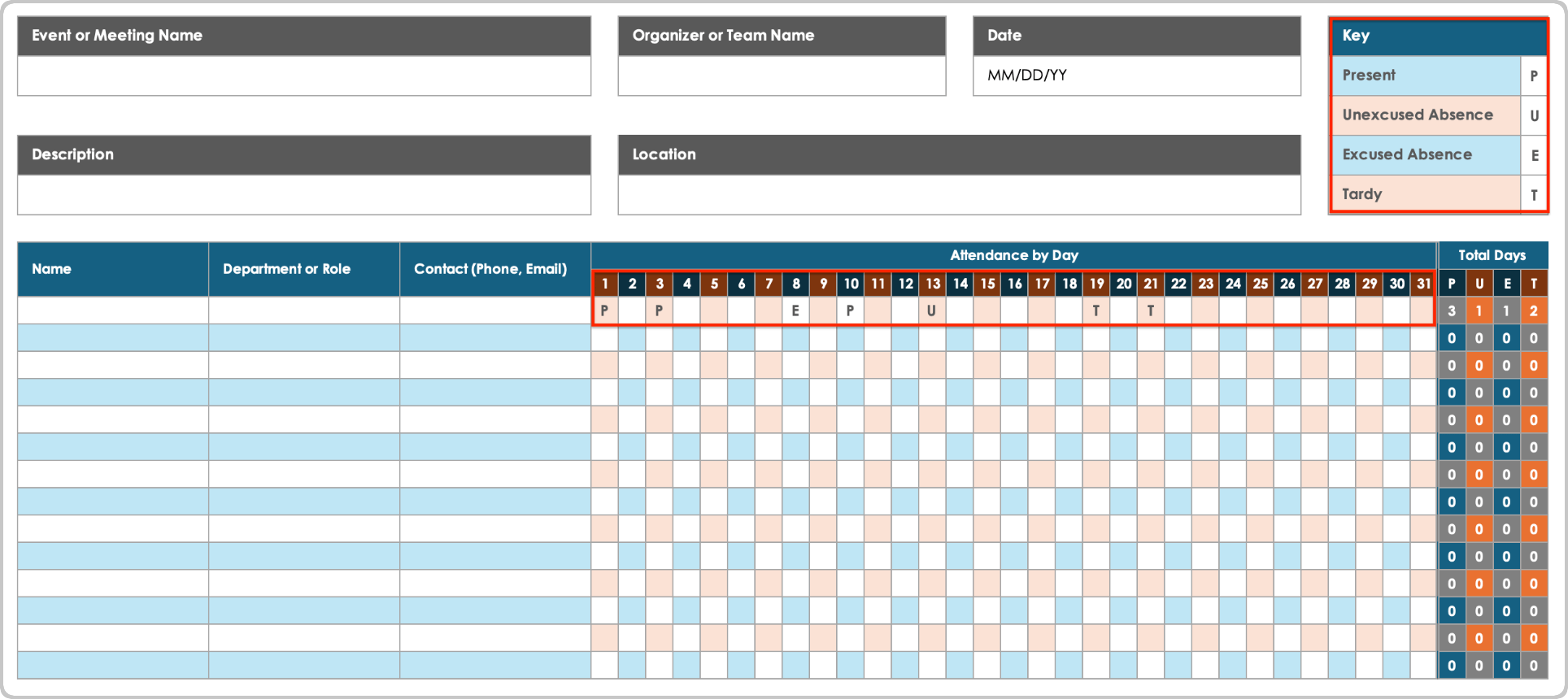 Monatliche Anwesenheits-Spreadsheet-Vorlage Tägliche Verfolgung