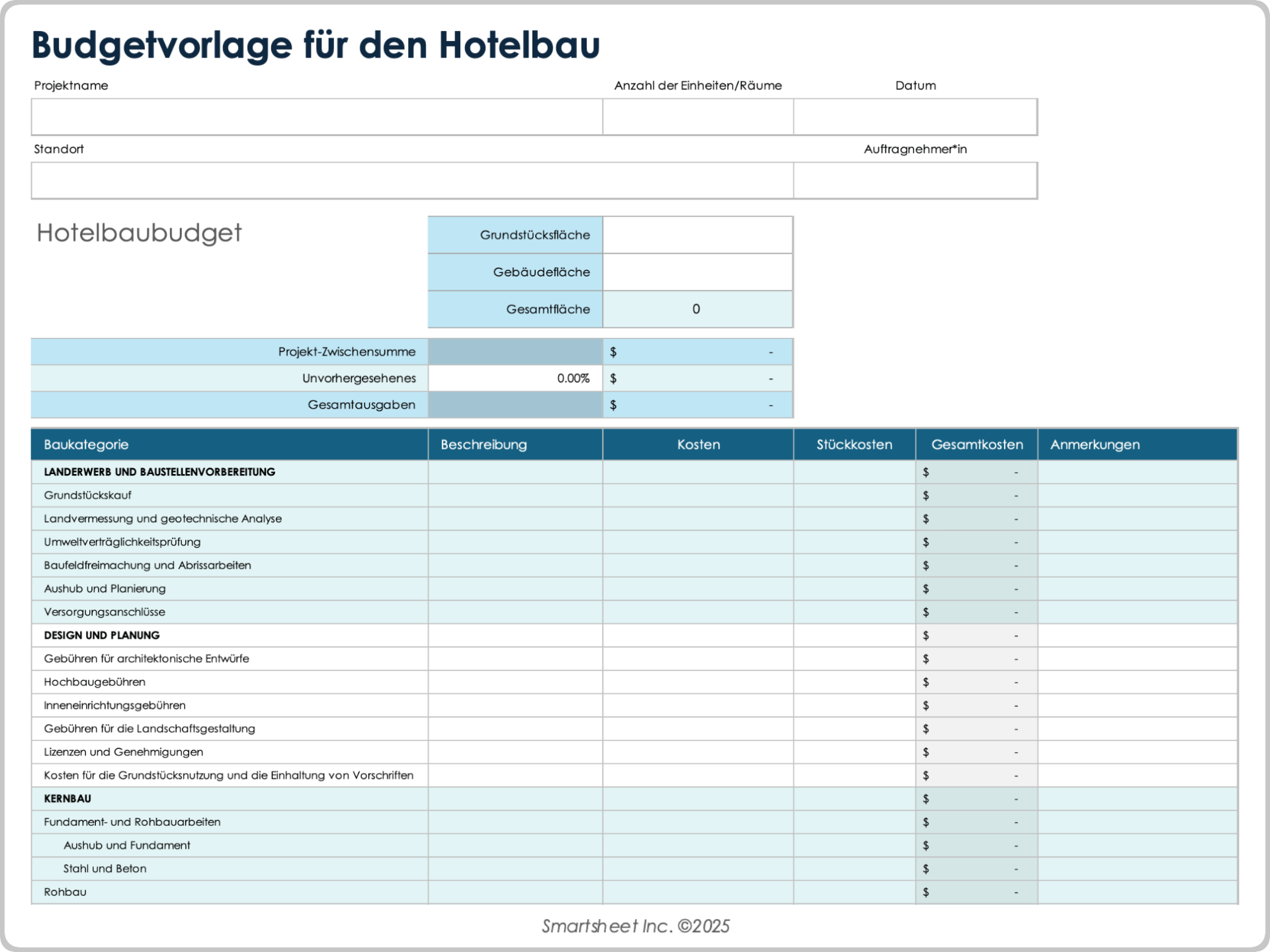 Budgetvorlage für den Hotelbau
