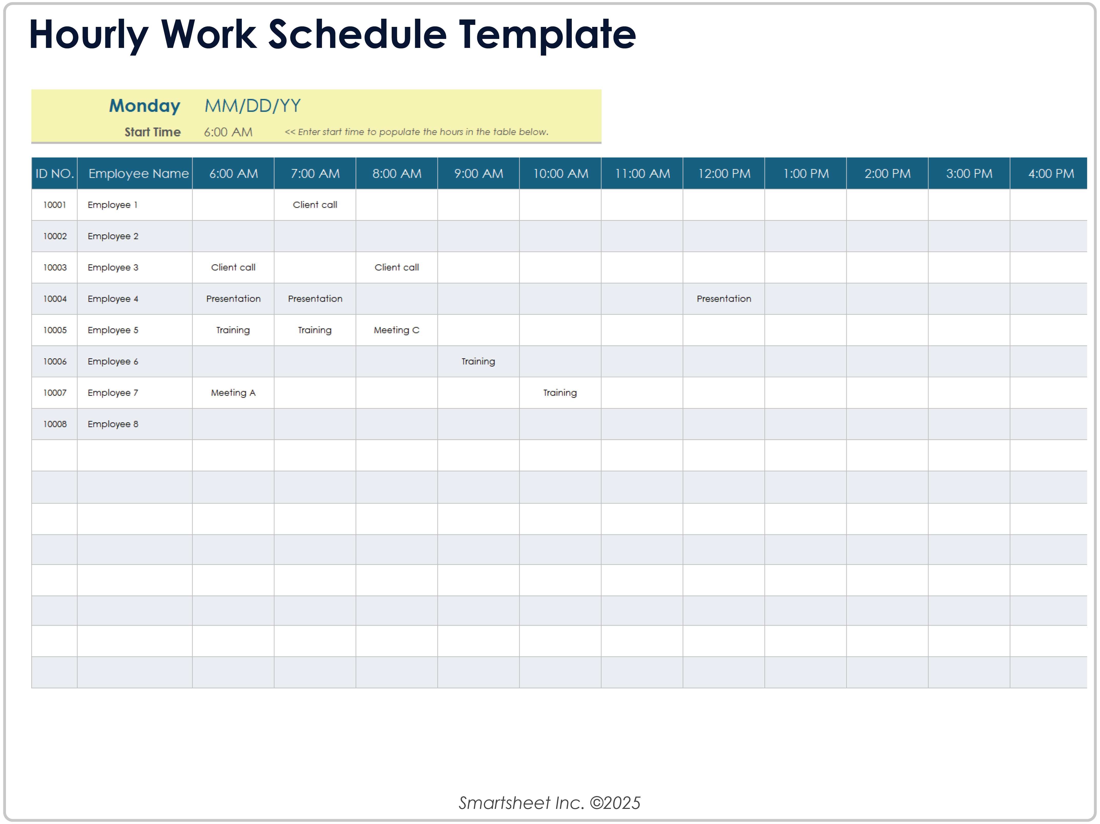 Hourly Work Schedule Template