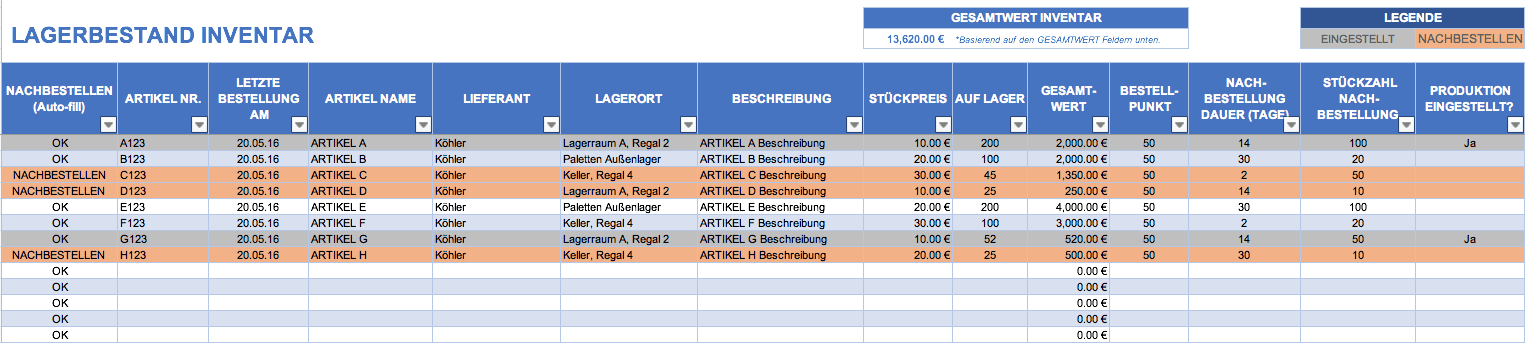 Kostenlose Excel Inventar Vorlagen