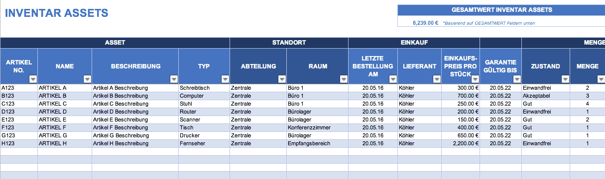 Kostenlose Excel Inventar Vorlagen