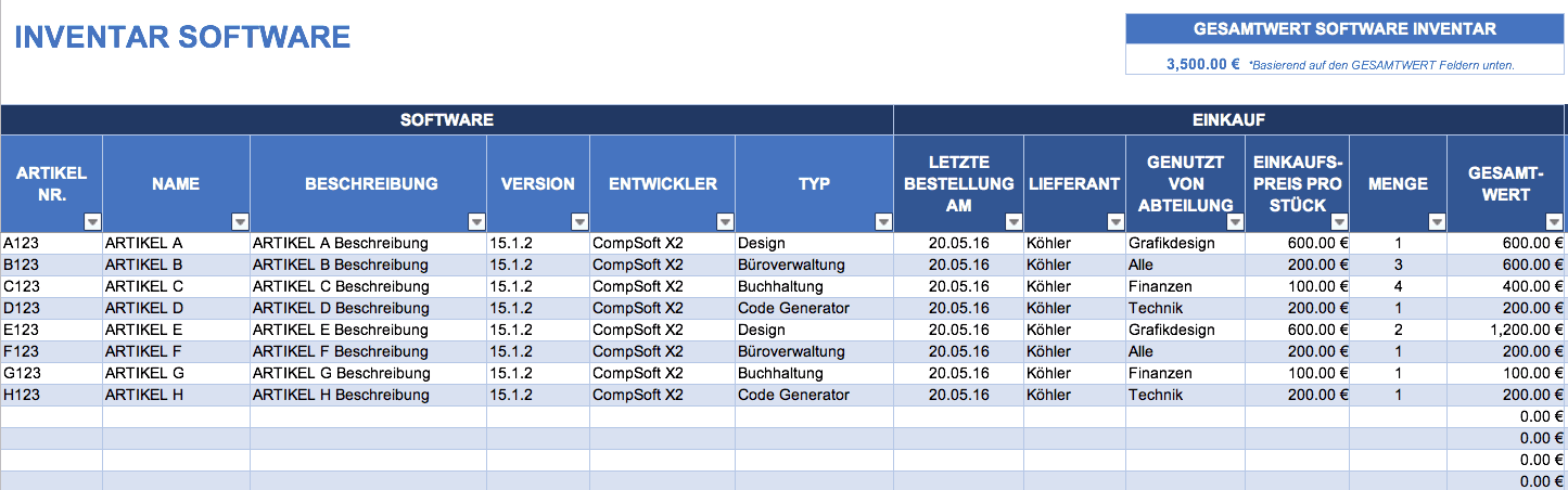 Kostenlose Excel Inventar Vorlagen