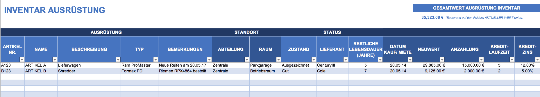 Kostenlose Excel Inventar Vorlagen