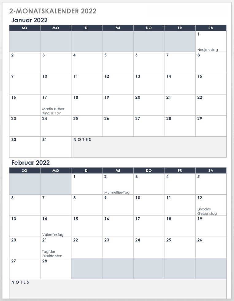  2022 2 Monate pro Seite Kalendervorlage