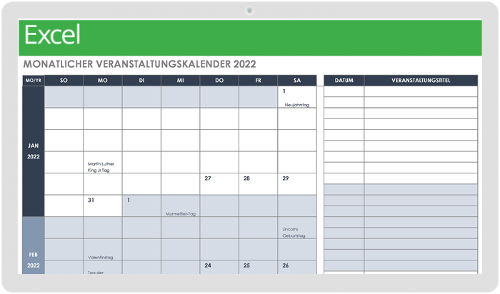 2022 Monthly Calendar of Events Template 49541 - DE