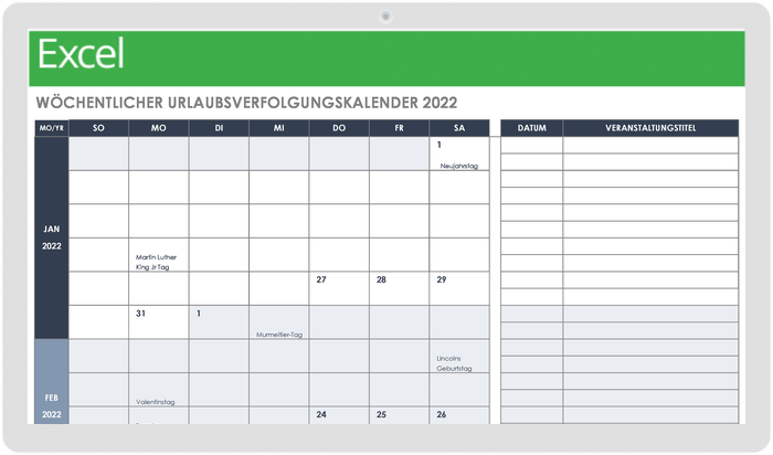 2022 Weekly Vacation Tracking Calendar 49493 - DE