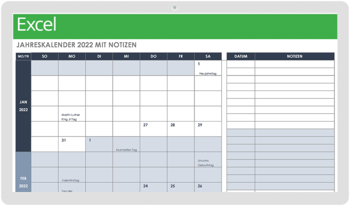Jahreskalender 2022 mit Notizenvorlage