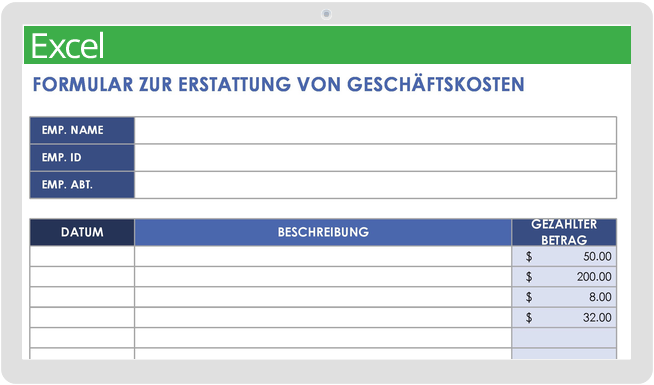 Formularvorlage zur Erstattung von Geschäftsausgaben