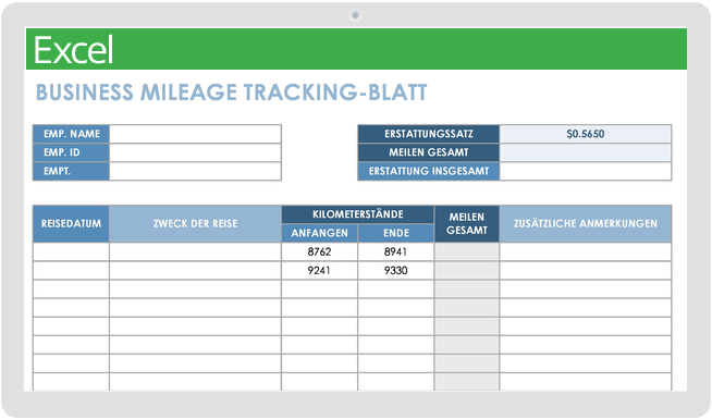 Vorlage für das Blatt zur Nachverfolgung von Geschäftskilometern