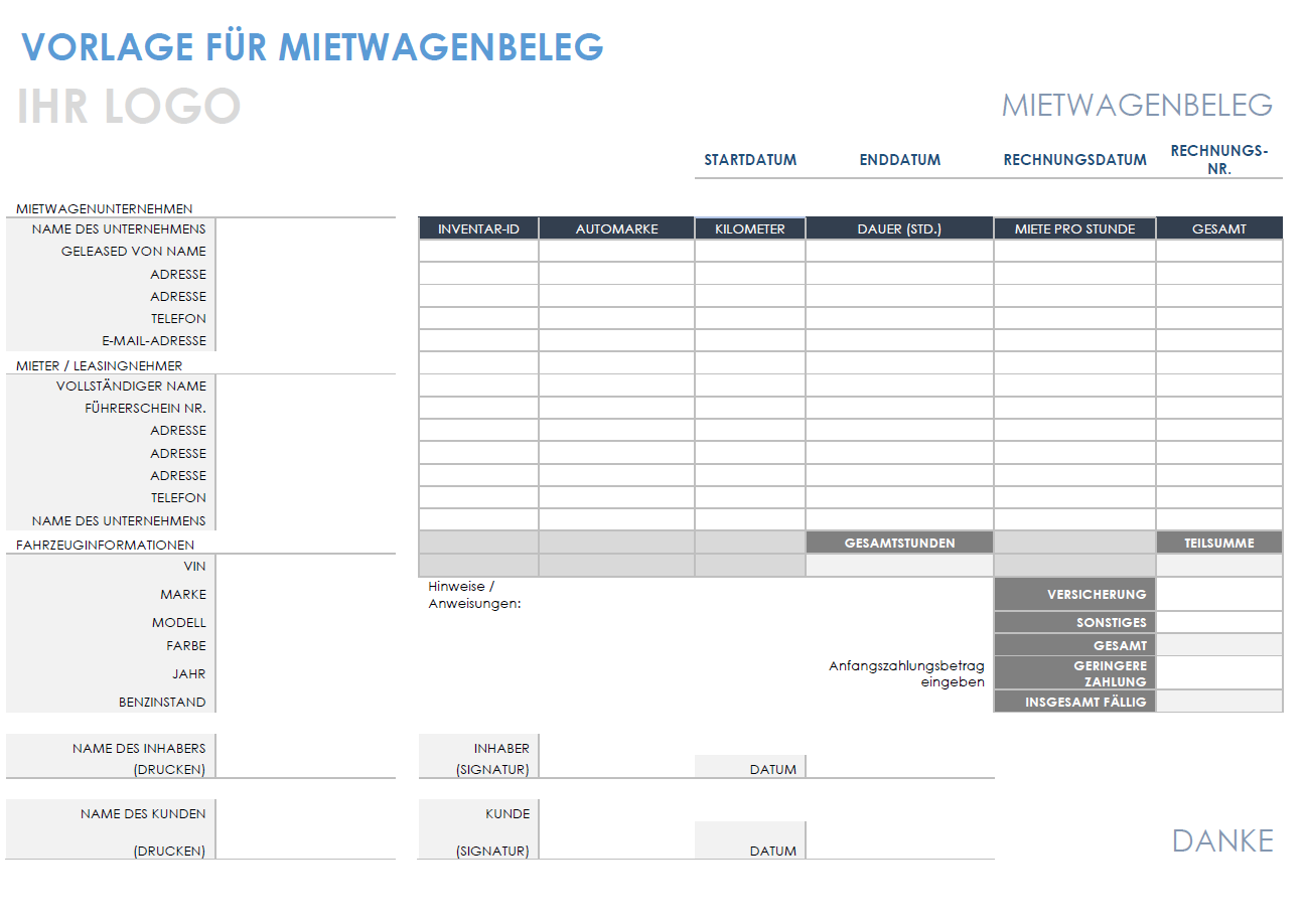 Quittung für die Autovermietung