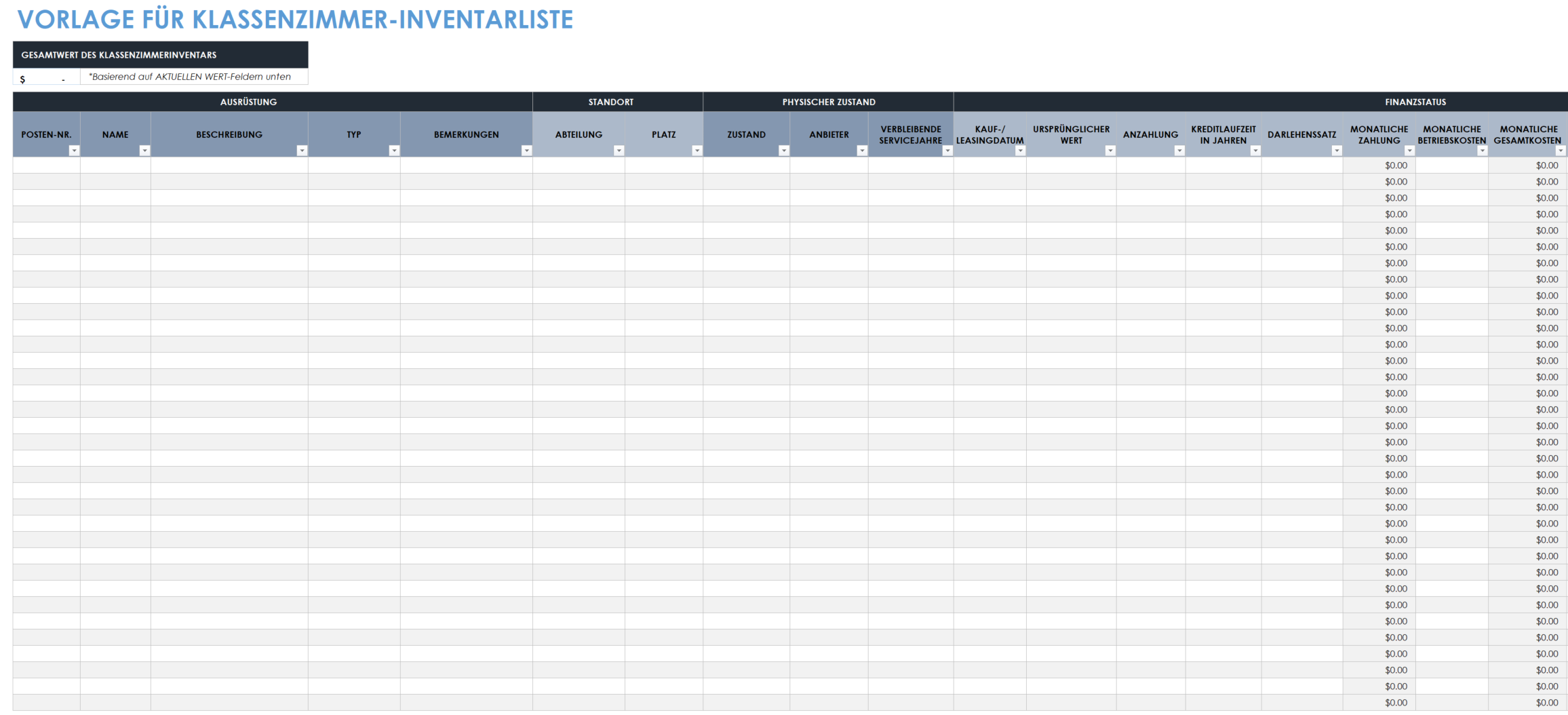 Inventarliste für das Klassenzimmer