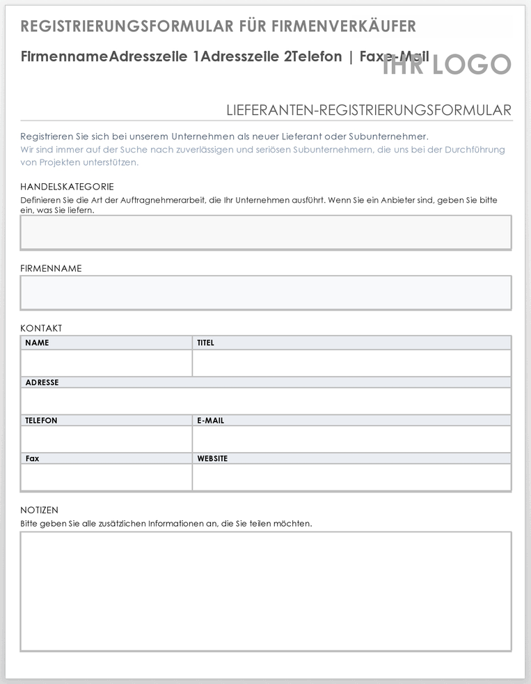 Company Vendor Registration Form 49525 - DE
