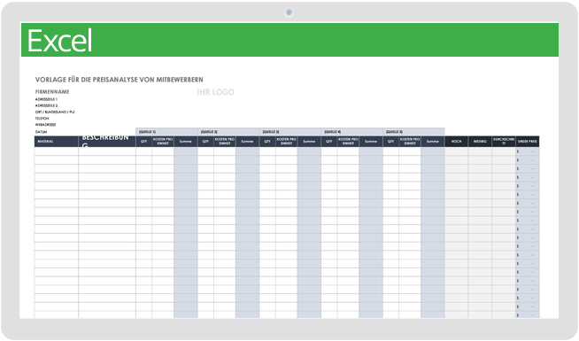 Preisanalysevorlage für Mitbewerber