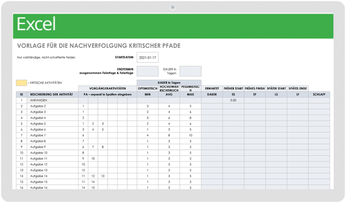 Tracking-Vorlage für kritische Pfade